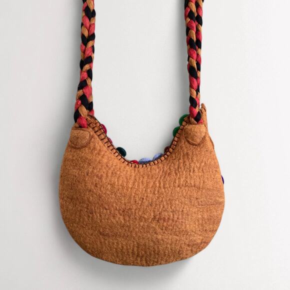 Vintage 100% Wool Handmade Nepalese Shoulder Bag Purse 3D Floral Brown Tan - Picture 9 of 11